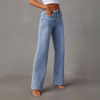 Damesbroek denim lichtblauw wijde pijpen comfort fit voorbeeld