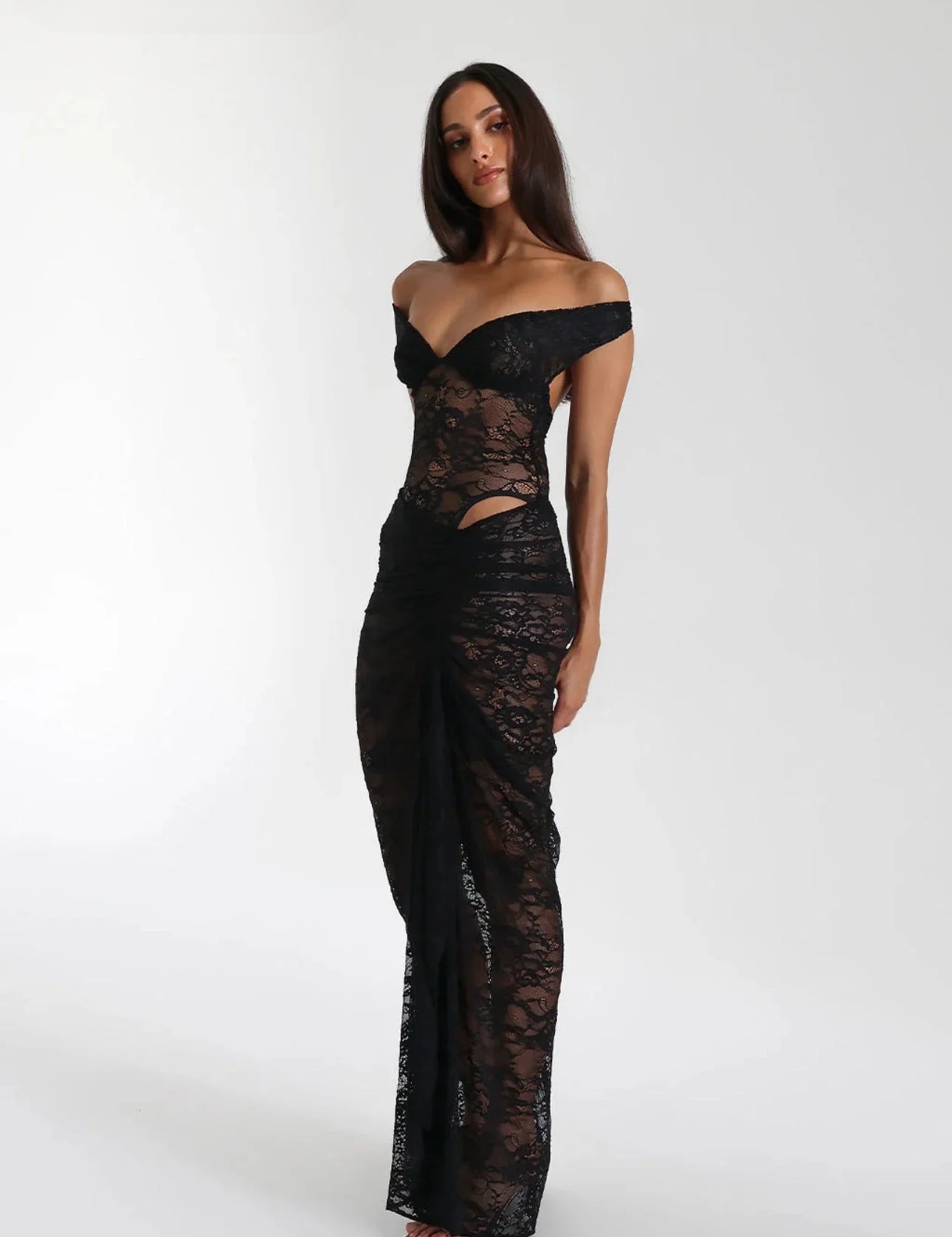 Black lace off-shoulder dress side view