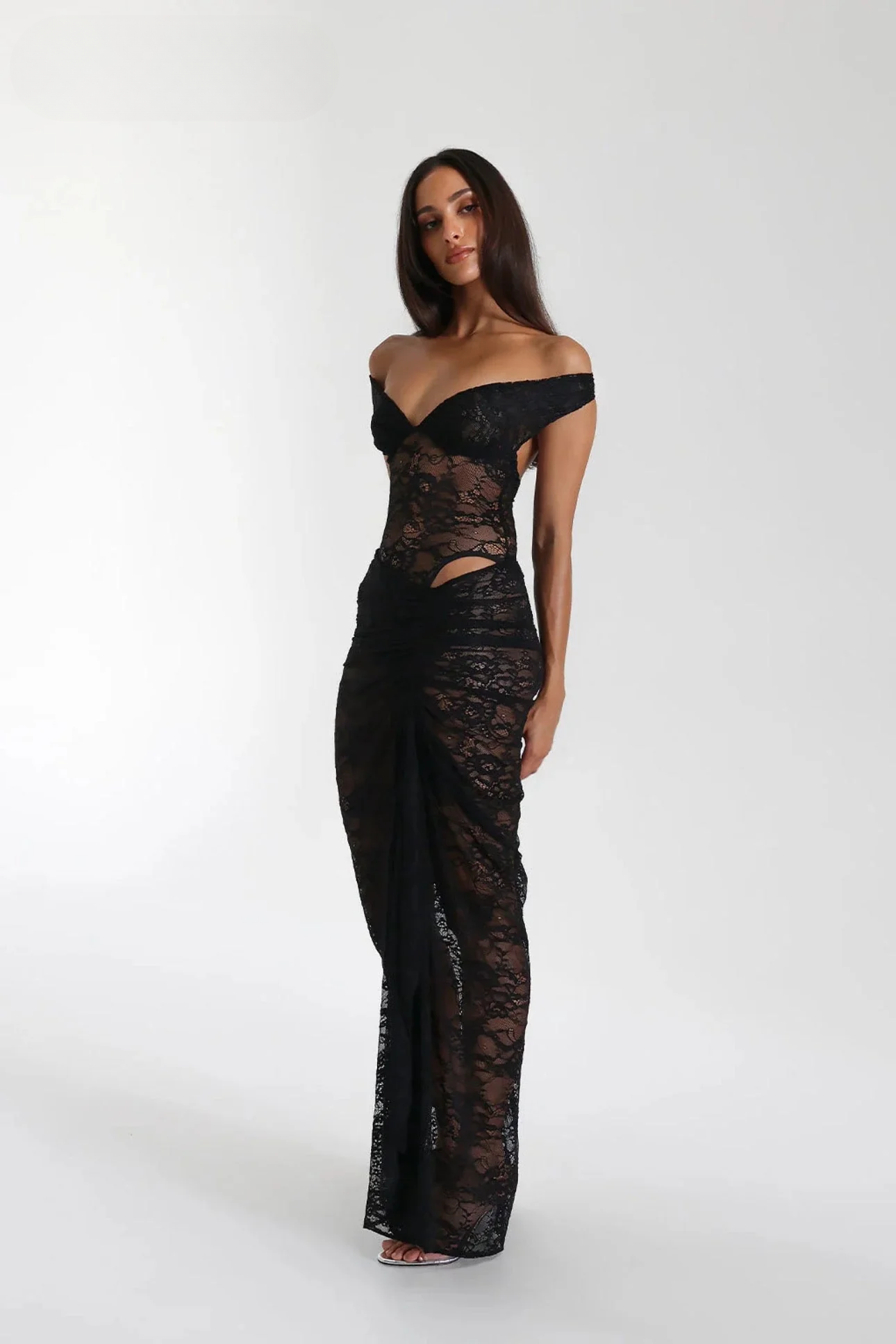 Black lace off-shoulder dress side view