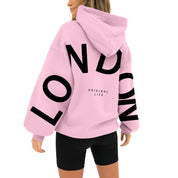Pink hoodie with 'LONDON' print back view
