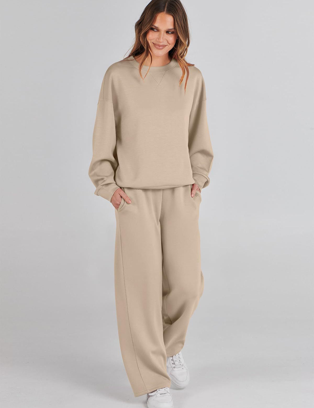 Beige loungewear set with wide pants front view