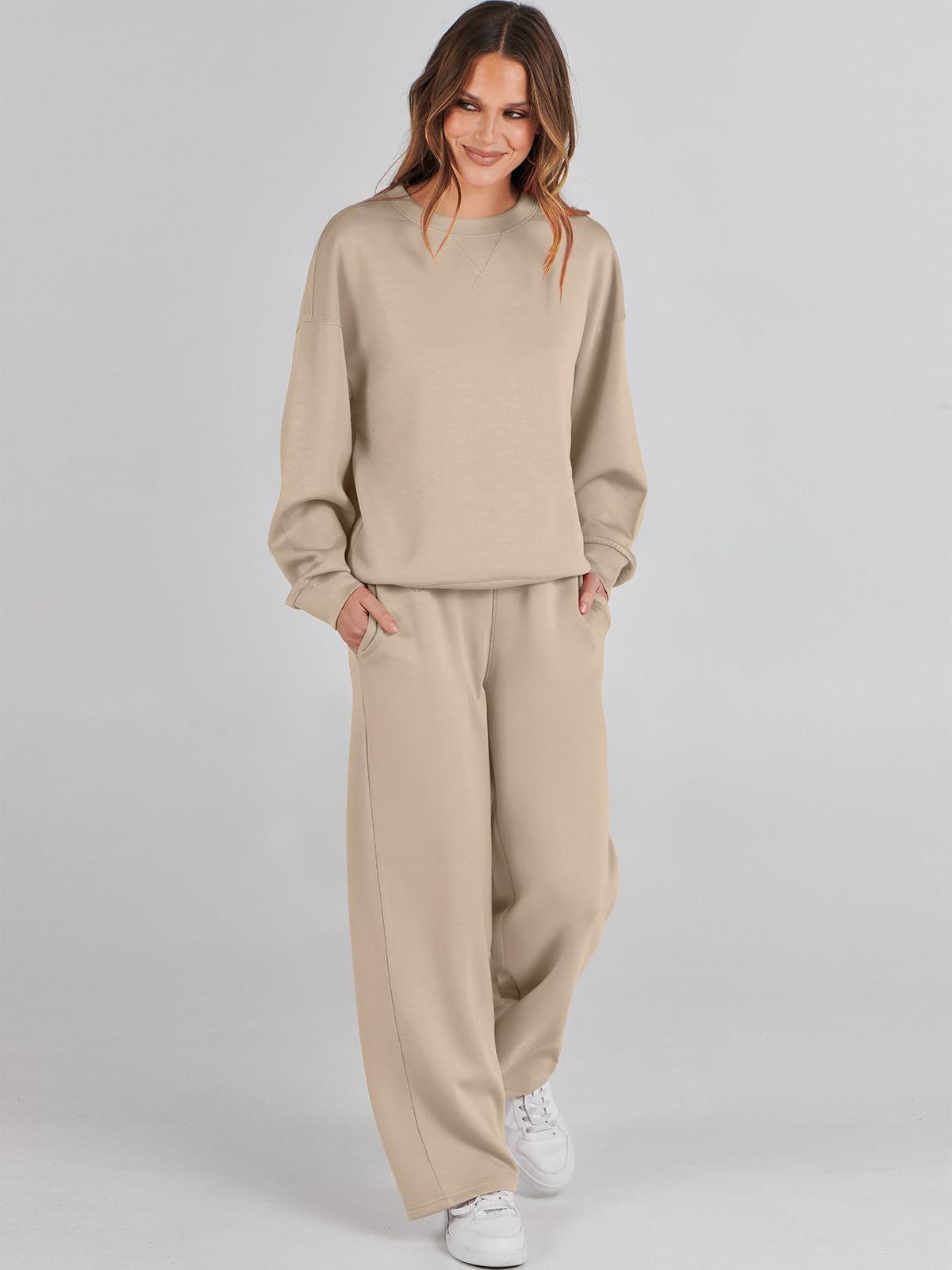 Beige loungewear set with wide pants front view