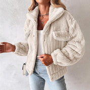 Fuzzy teddy coat beige front view