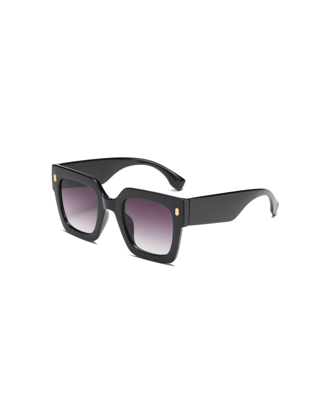Sunglasses, glossy black frame with gold accents, front view
