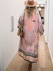 Maxi kimono dames bloemenprint roze achterzijde