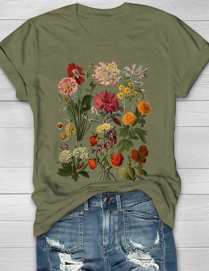 T-shirt groen met bloemenprint vooraanzicht