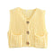 Yellow chunky knit vest with gold buttons front view