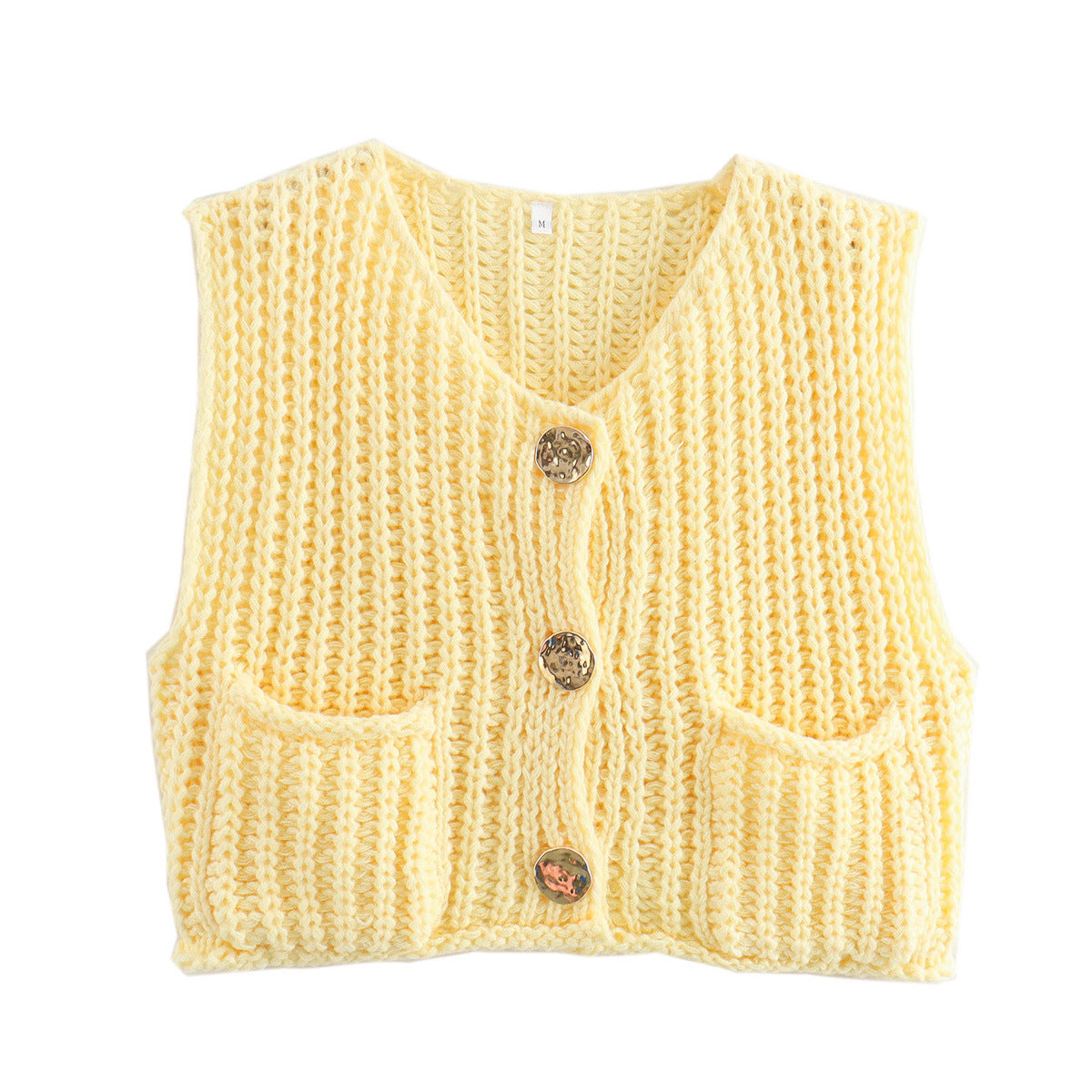 Yellow chunky knit vest with gold buttons front view