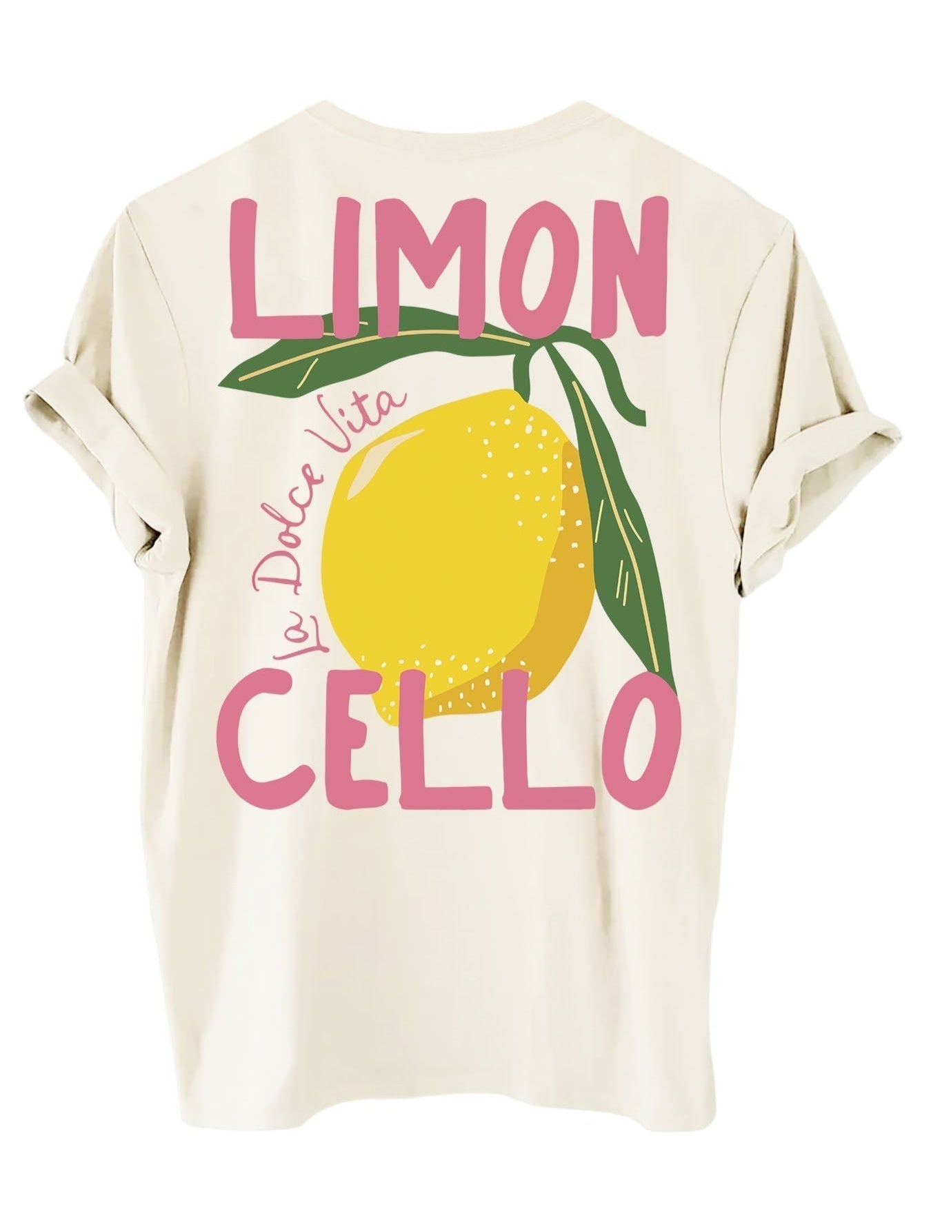 T-shirt dames wit met citroenprint en roze tekst 'LIMON CELLO' vooraanzicht