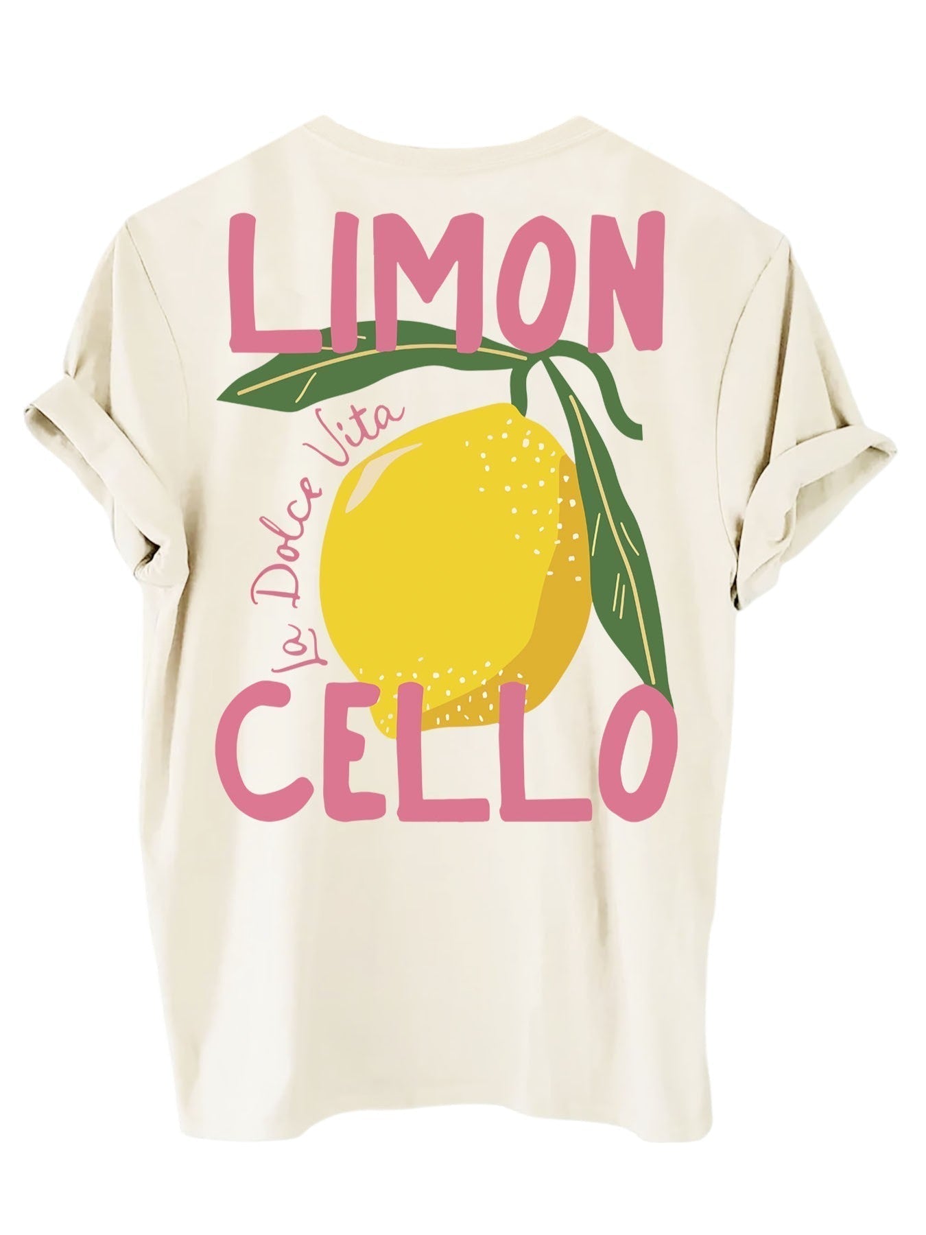 T-shirt dames wit met citroenprint en roze tekst 'LIMON CELLO' vooraanzicht