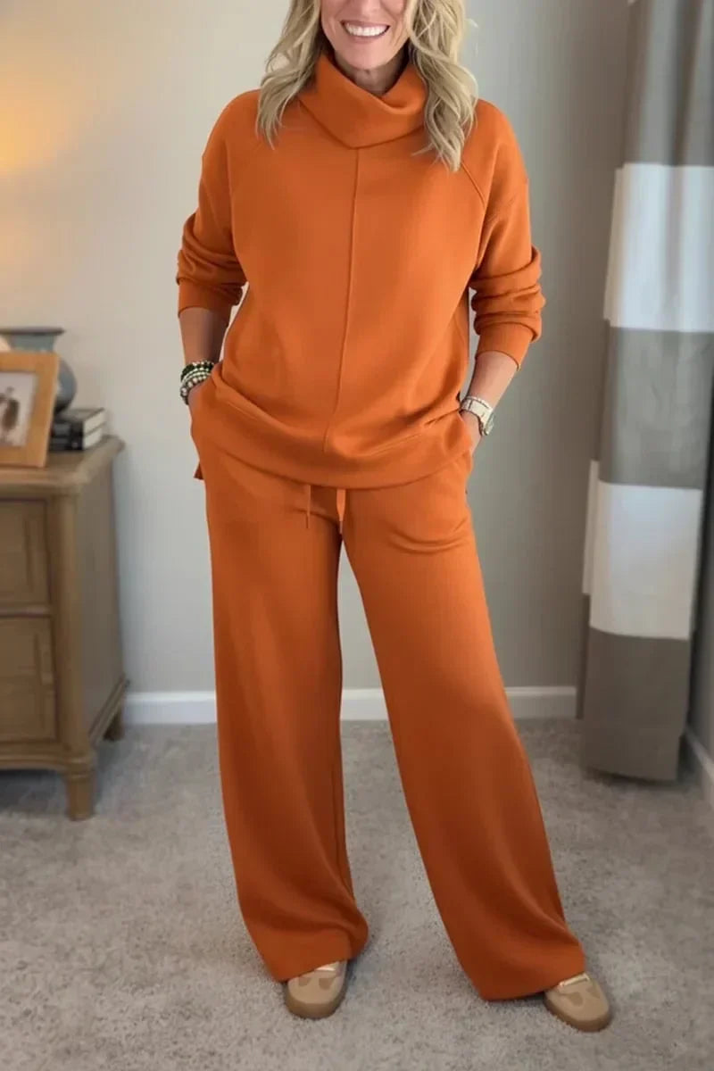 Aya Loungewear set met colkraag en wijde pijpen van gebreide stof voor dames