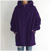 Oversized hoodie purple front view with drawstring