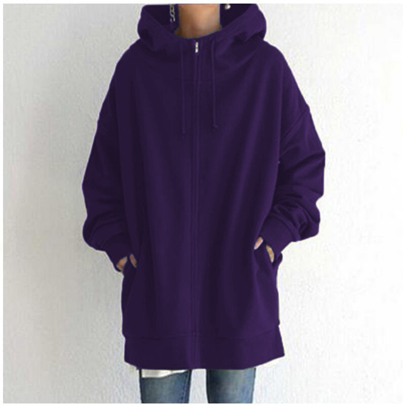 Oversized hoodie purple front view with drawstring