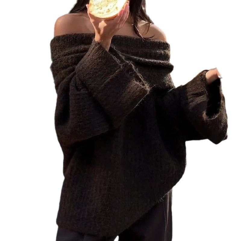 Brown off-shoulder knit sweater studio shot