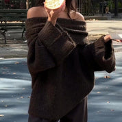 Off-shoulder knit sweater brown side view