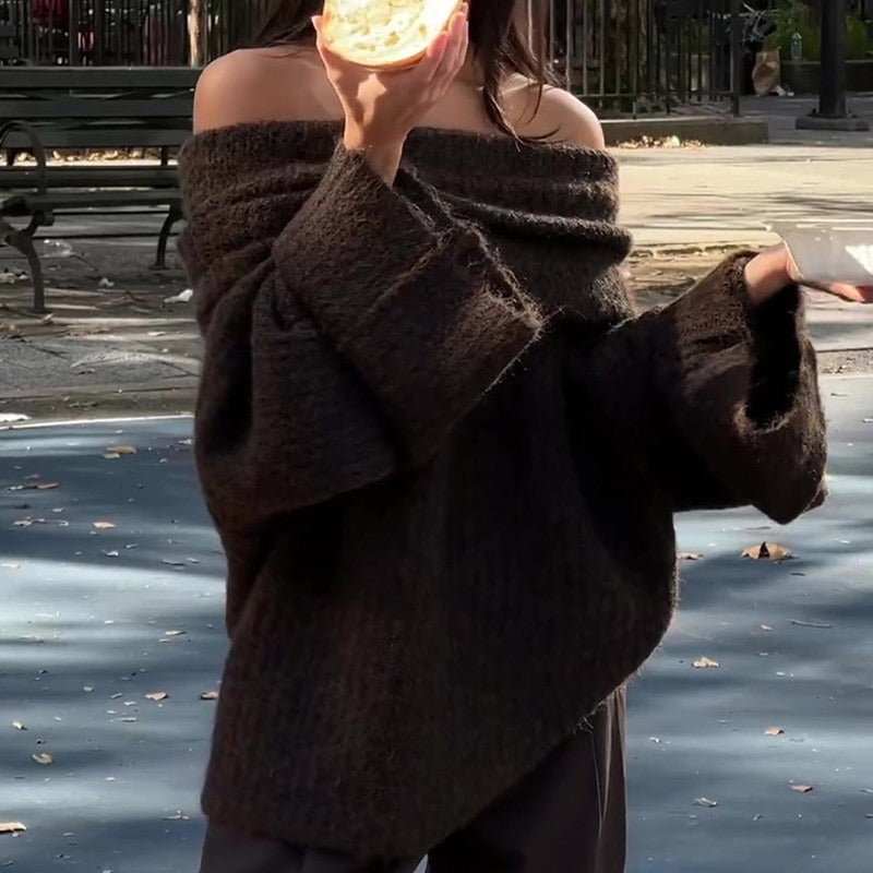 Off-shoulder knit sweater brown side view