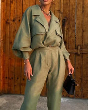 Tweed suit green with balloon sleeves front view