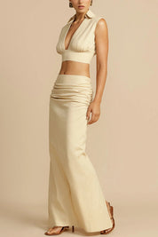 Beige ruched maxi skirt and crop top studio side view