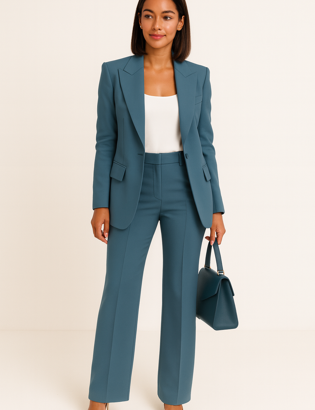 Dames pak blauw met witte blouse en tas front view