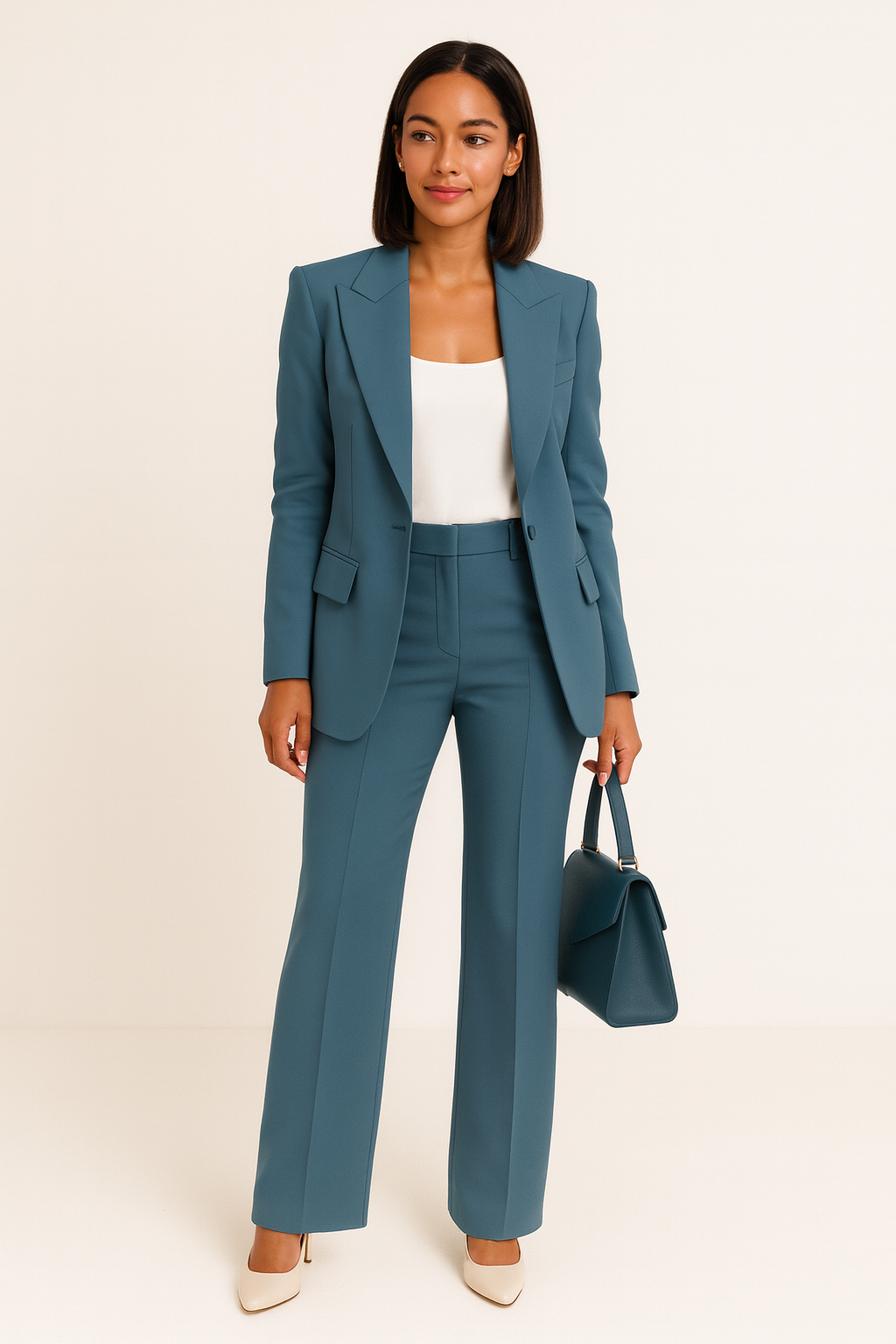 Dames pak blauw met witte blouse en tas front view