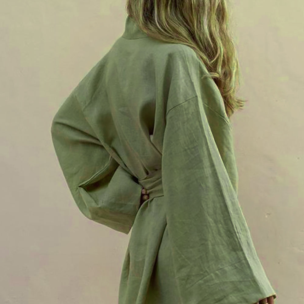 Linen blend robe with wide kimono sleeves, back view showing self-tie belt
