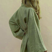 Linen blend robe with wide kimono sleeves, back view showing self-tie belt