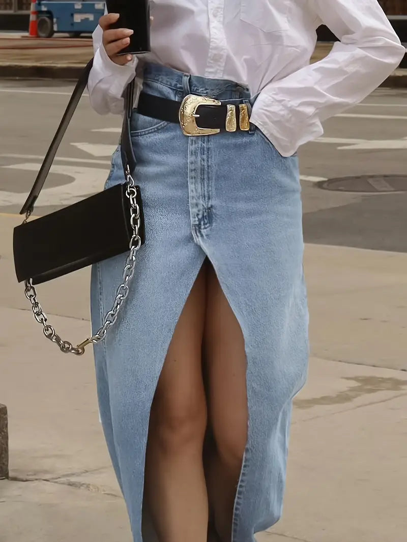 Light blue denim maxi skirt with high slit, waist detail