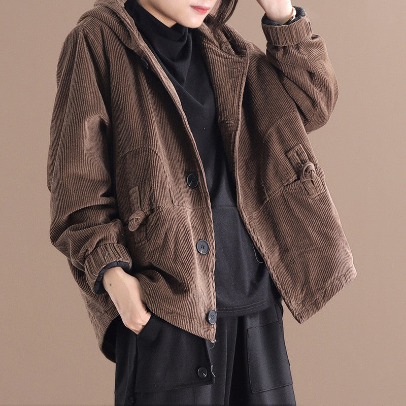 Brown corduroy hooded jacket with large pockets side view