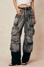 Cargo jeans model side view dark wash