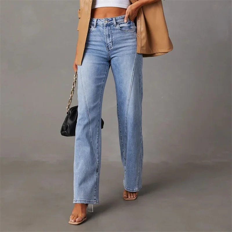 Broek denim dames lichtblauw wijde pijpen front view