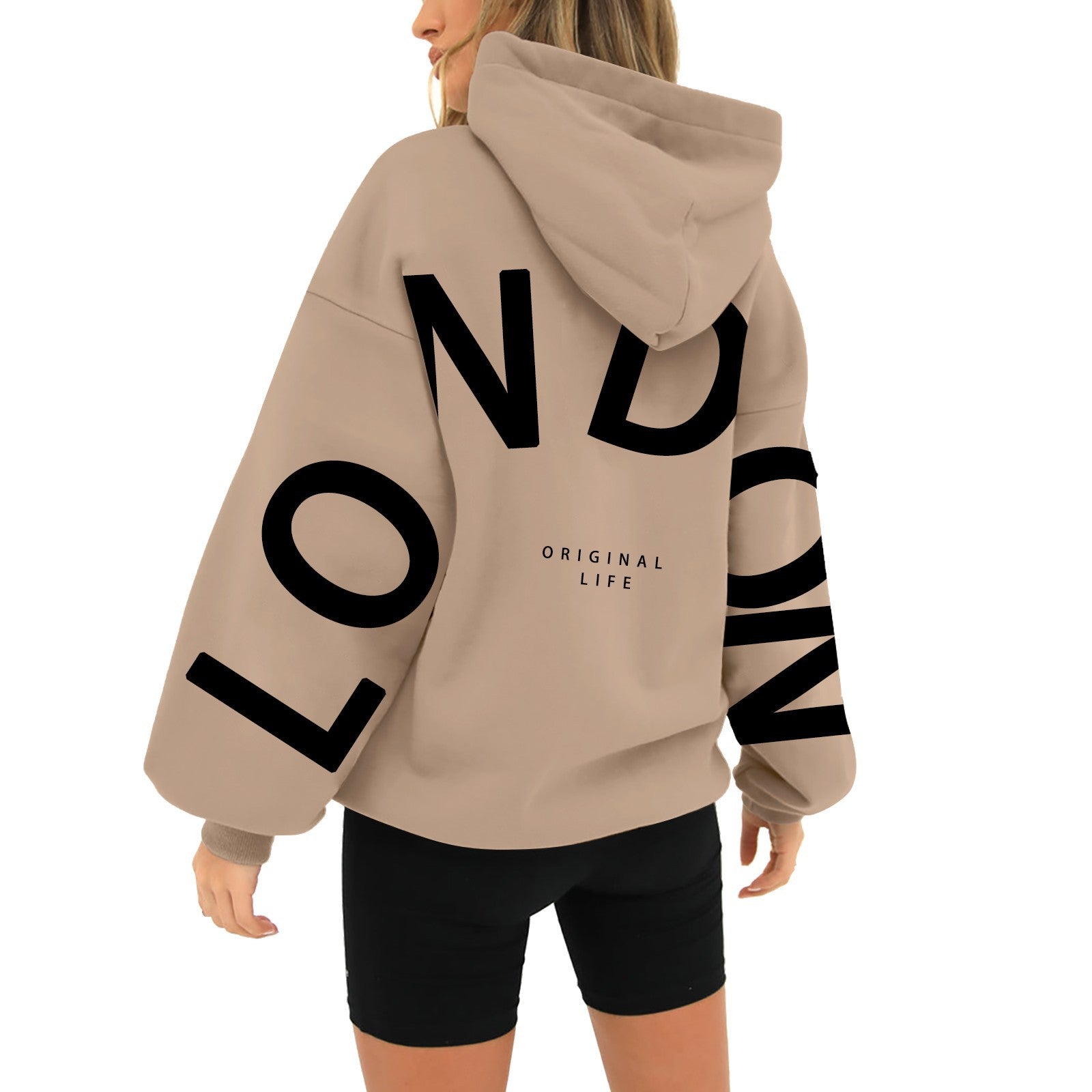 Beige hoodie with 'LONDON' print back view