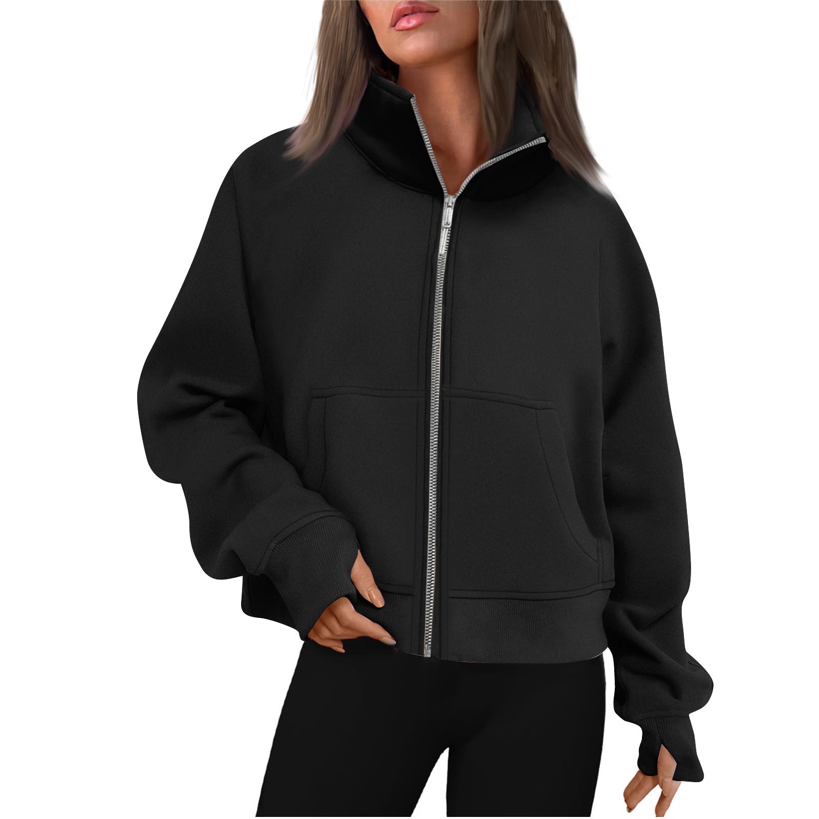 Black training jacket with thumbholes front view