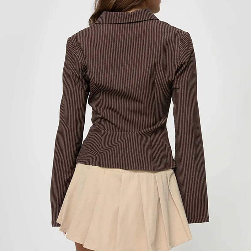 Brown striped shirt with bell sleeves back view