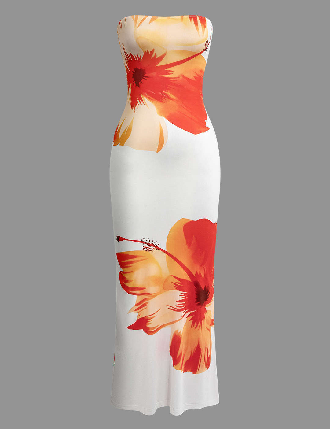 Maxi dress with orange hibiscus print on white background front view