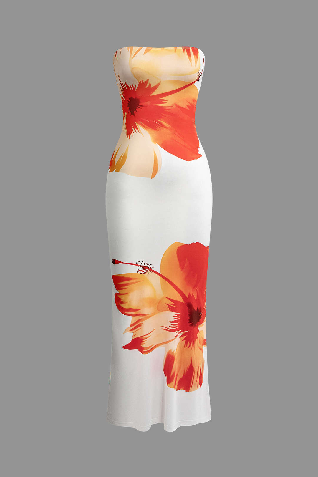 Maxi dress with orange hibiscus print on white background front view
