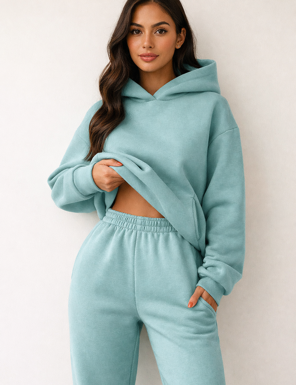 Luxe loungewear set blauw met capuchon en cropped trui front view