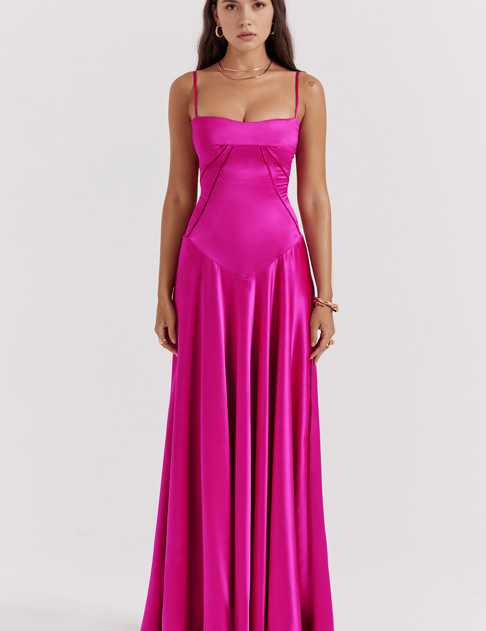 Fuchsia satin evening gown front view