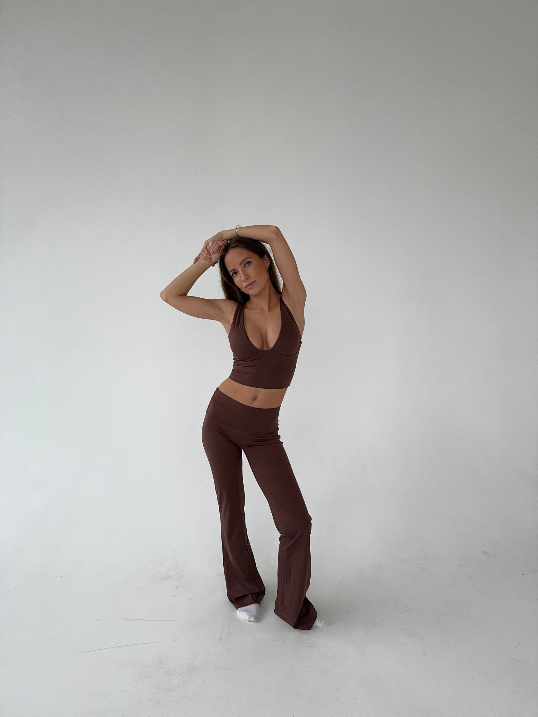 Athleisure set in brown, front view with flared leggings