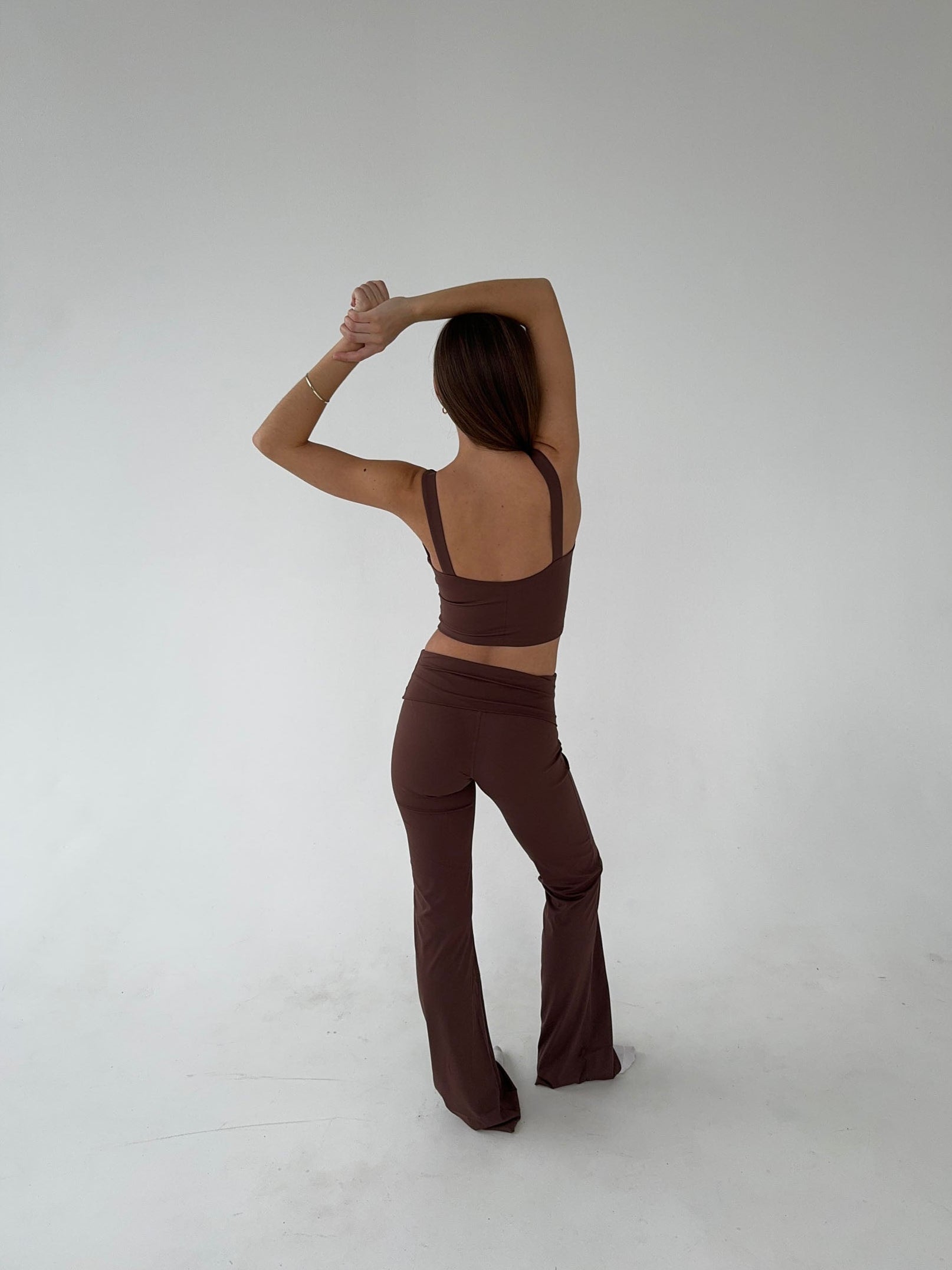 Athleisure set in brown, front view with flared leggings
