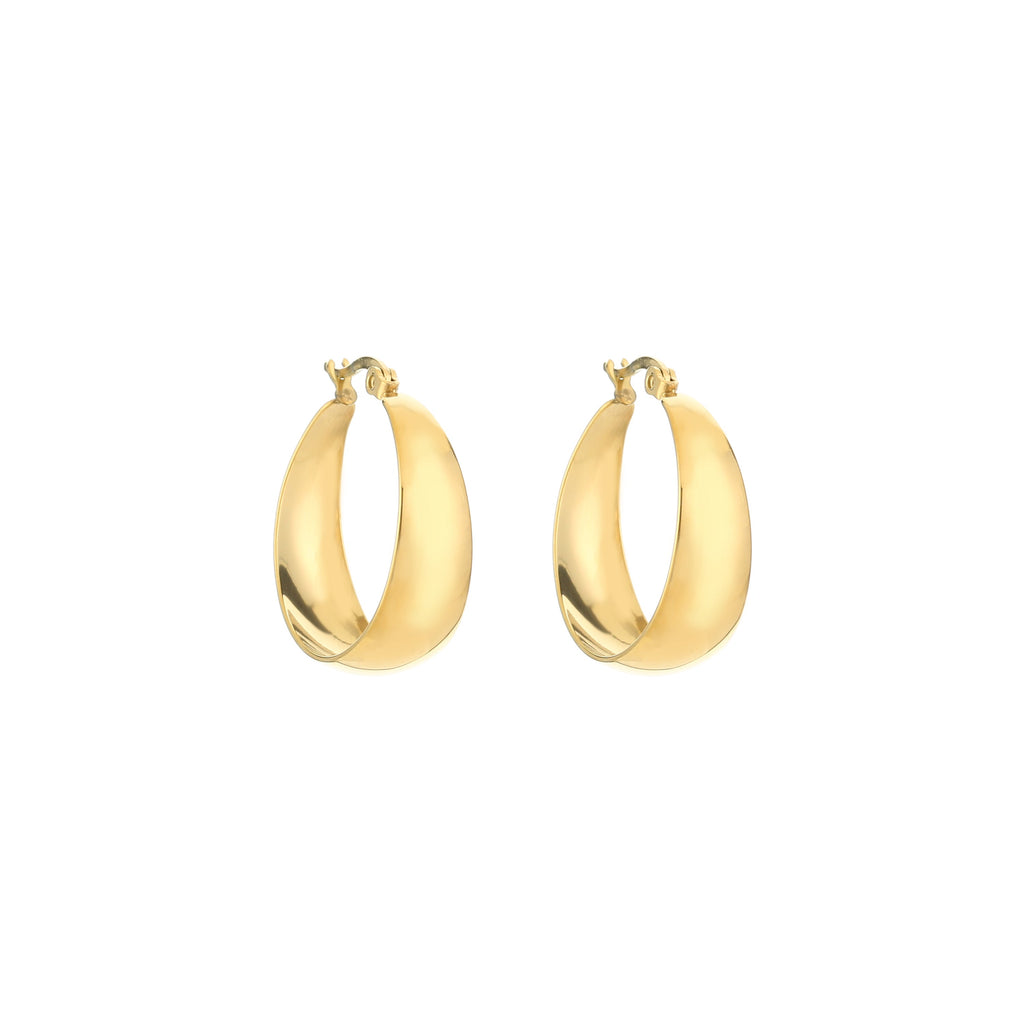 Gold hoop earrings with curved shape, front view