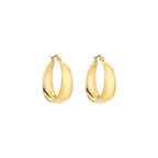 Gold hoop earrings with curved shape, front view