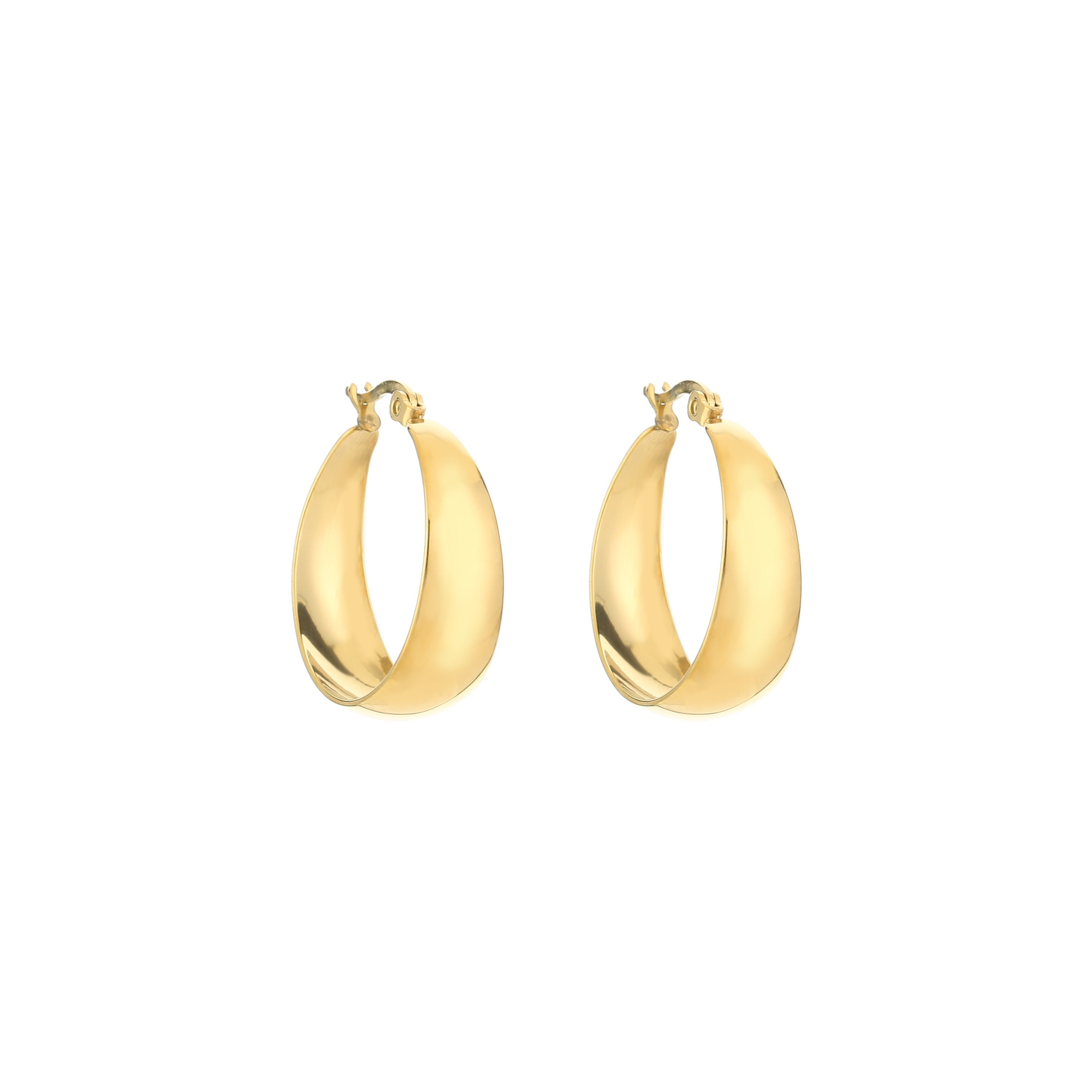 Gold hoop earrings with curved shape, front view