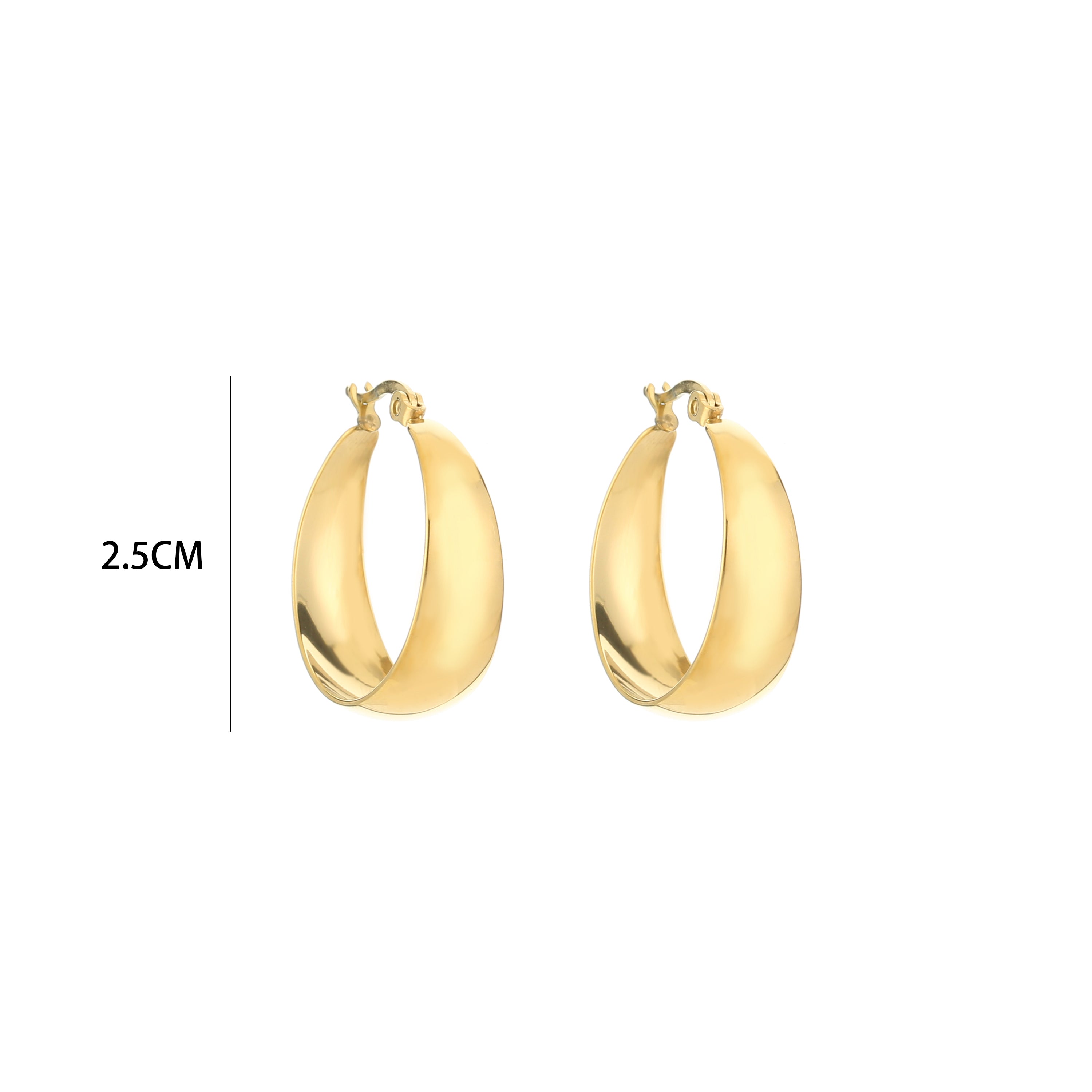 Gold hoop earrings with curved shape, front view with size indicator