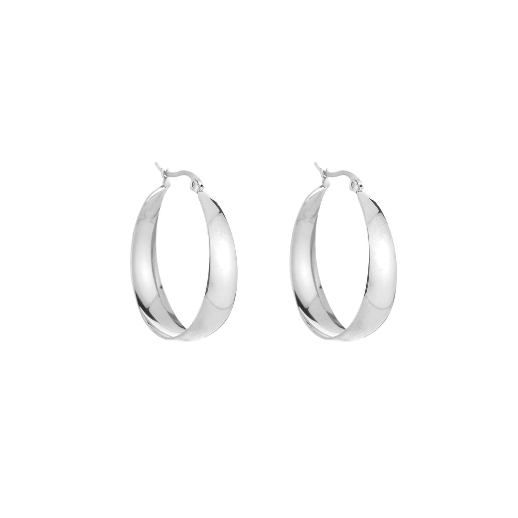 Silver hoop earrings with curved shape, front view