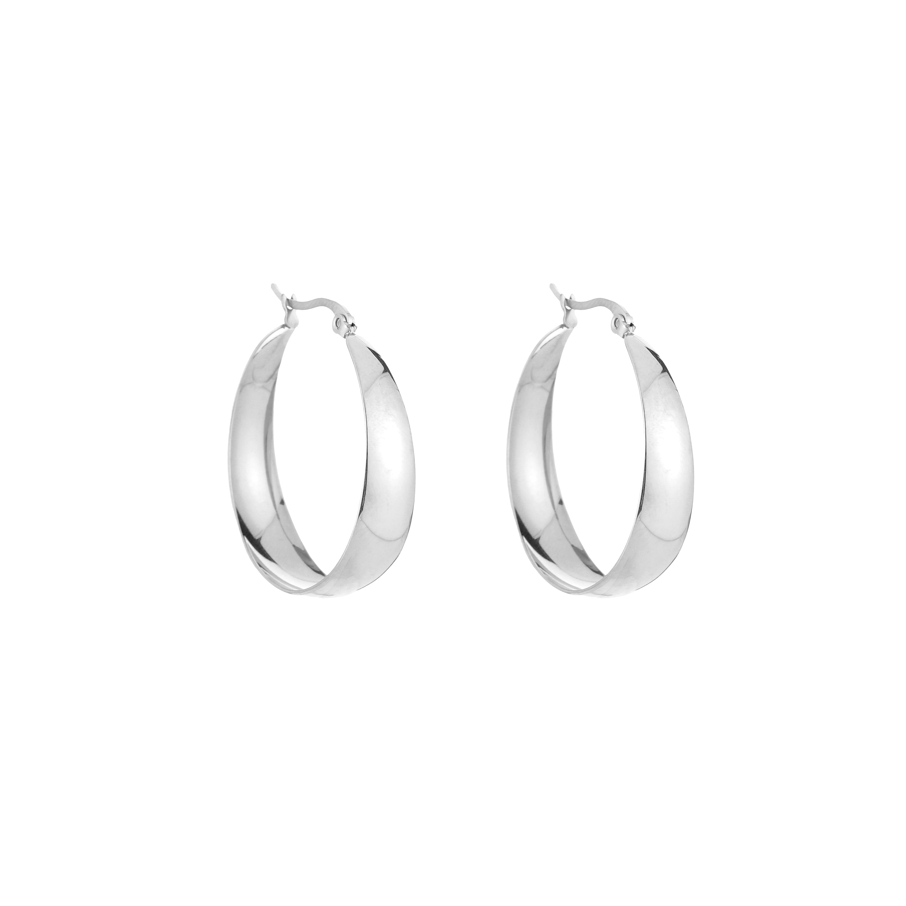 Silver hoop earrings with curved shape, front view