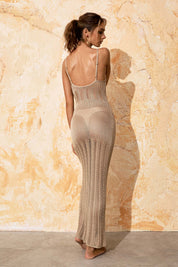 Beige knit maxi dress back view