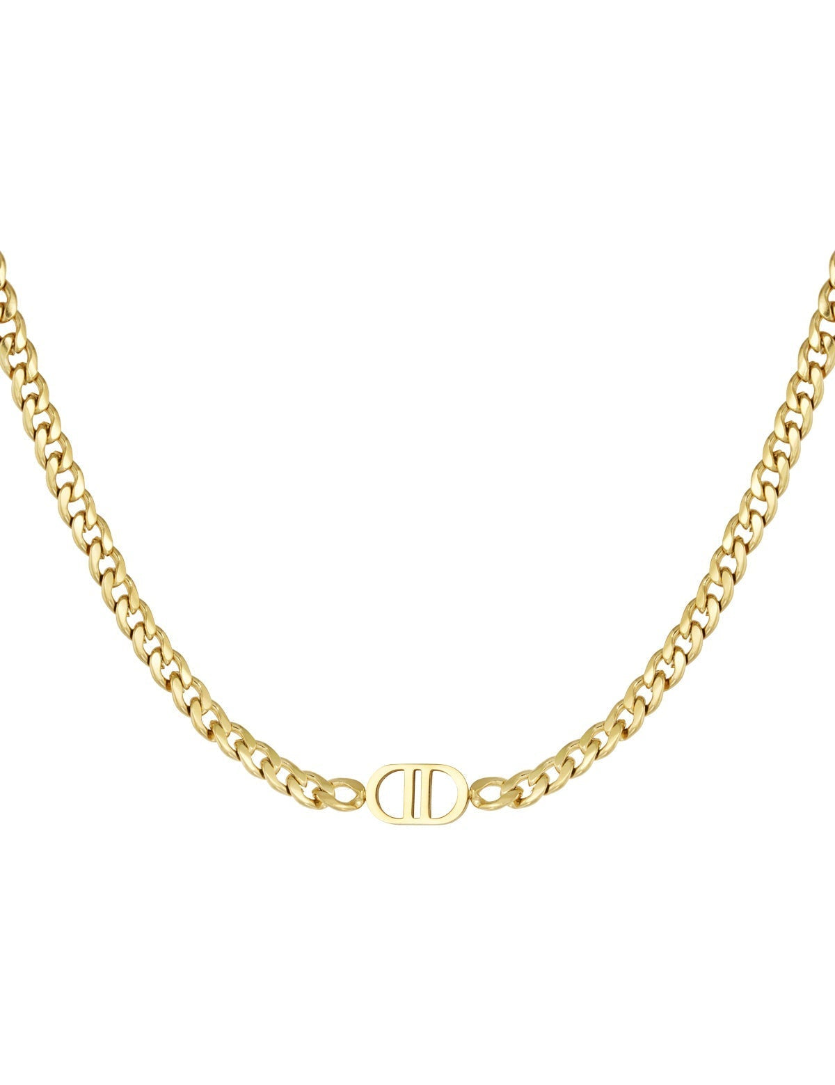 Gold-tone necklace with 'CD' logo pendant, front view