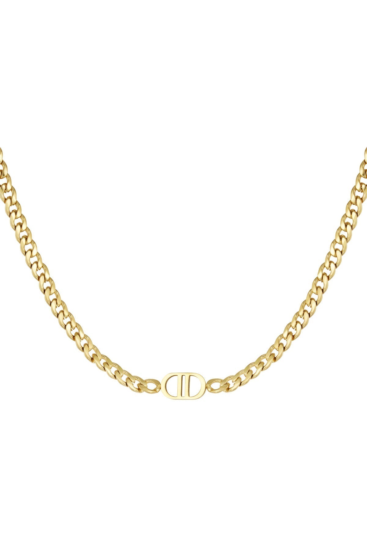 Gold-tone necklace with 'CD' logo pendant, front view