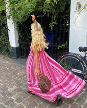 Maxi dress pink with red embroidery back view