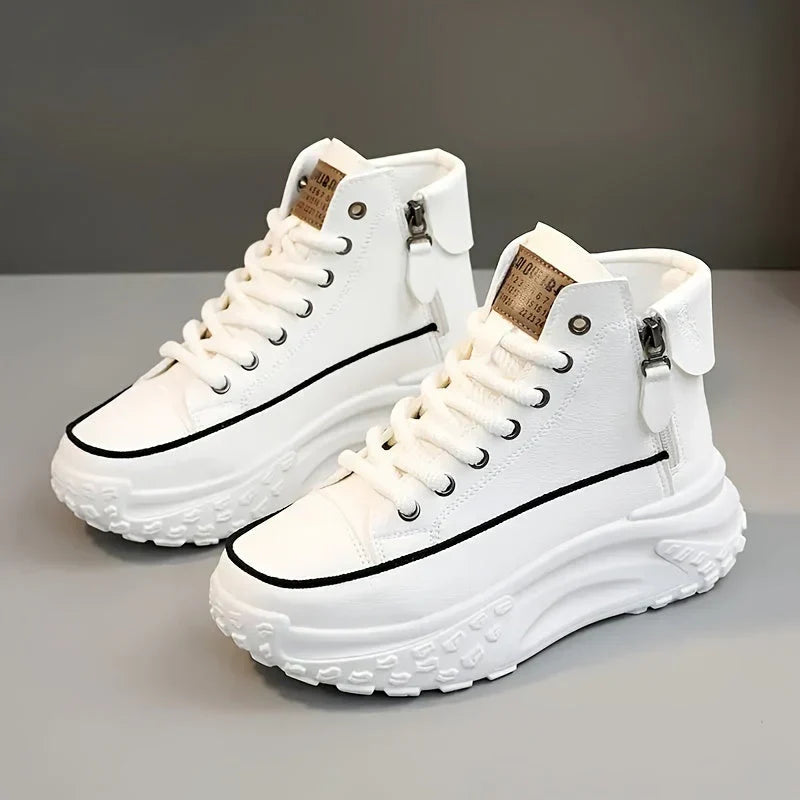 White high-top sneakers with platform sole front view